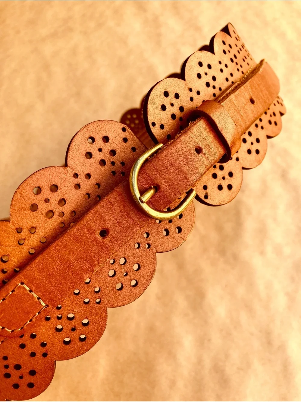 Anthro ❉ Scalloped Faux Leather Wide Brown Belt Size S/M